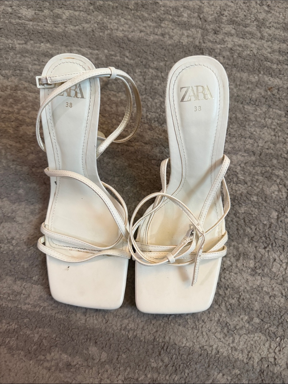 Zara Cream Strappy Square-Toe Heeled Sandals
